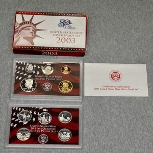 2003 US Mint Silver Proof Set 1.34 Troy Oz Silver 10 Piece Coins, Box & COA